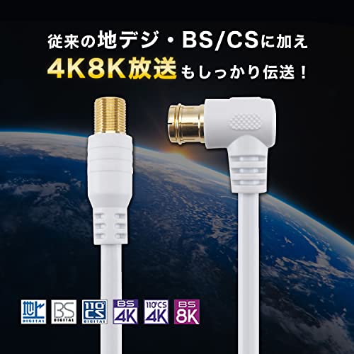 ホーリック アンテナ延長ケーブル 2m 【4K8K放送(3224MHz)/BS/CS/地デジ/CATV 対応】 ホワイト F型接栓メス/L字差込式コネクタ ACF20-145WWの特徴・詳細 画像