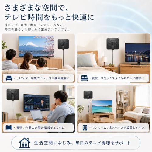テレビアンテナ 室内 地デジアンテナ【2026年新モデル・360°全方向受信】最大600KM級受信 4K/HDTV対応 信号ブースター内蔵 USB給電 高感度 小型軽量 壁掛け・卓上両用 工事不要 ラジオアンテナ 屋内屋外対応 賃貸 マンション 戸建て用の特徴・詳細 画像