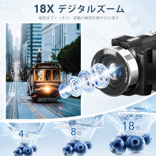 ビデオカメラ 4K 80MP 3.0" 回転スクリーン IRナイトビジョン18Xデジタルズーム外部マイクリモコン旅行Vlog学生初心者の特徴・詳細 画像