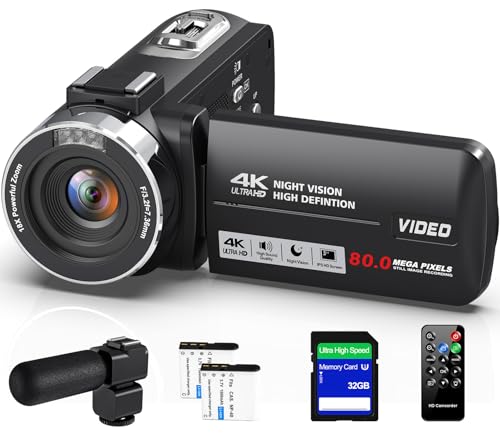 ビデオカメラ 4K 80MP IRナイトビジョン3.0"スクリーン 自撮り18Xデジタルズーム32GBのSDカード外付マイクリモコン軽量 初心者の特徴・詳細 画像