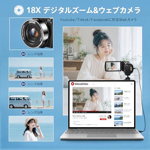 ビデオカメラ 4K 80MP IRナイトビジョン3.0"スクリーン 自撮り18Xデジタルズーム32GBのSDカード外付マイクリモコン軽量 初心者の特徴・詳細 画像