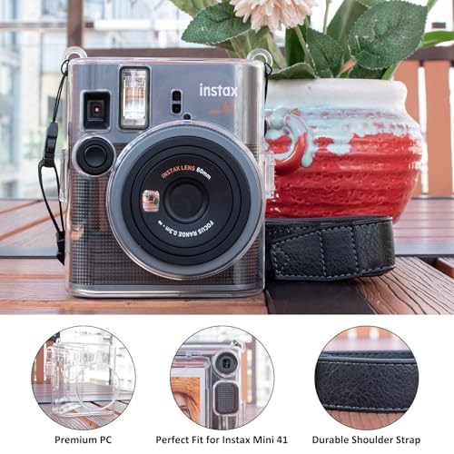 HIYQIN Fuji チェキmini 41カメラケース, 互換チェキinstax mini 41カメラクリアハードPVCの保護ケース、調節可能なレザーショルダーストラップと5ピースの磁気フォトフレームが付き(透明)の特徴・詳細 画像
