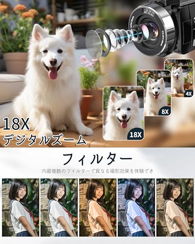 ビデオカメラ4K 80MP 3.0"スクリーン18XデジタルズームIRナイトビジョン32GBのSDカード軽量 携帯便利 初心者の特徴・詳細 画像